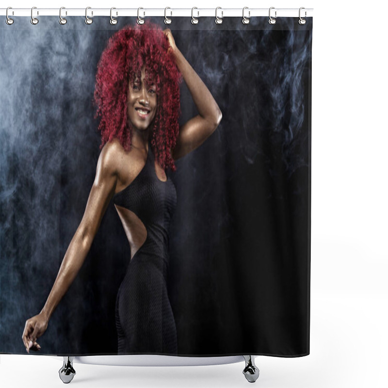 Personality  Sporty Beautiful Afro-american Model, Woman In Sportwear Makes Fitness Exercising At Black Background To Stay Fit Shower Curtains