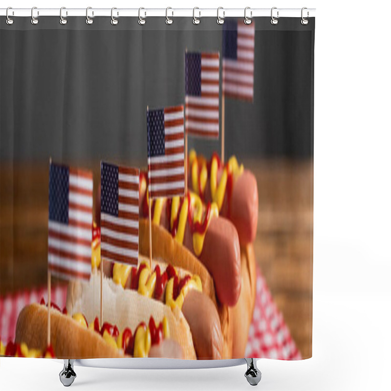 Personality  Tasty Hot Dogs With Ketchup, Mustard And Small Usa Flags Isolated On Grey, Banner Shower Curtains