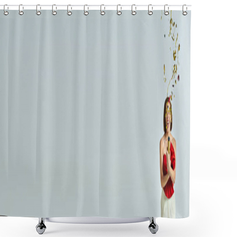 Personality  New Year Banner, Excited Young Woman In Trendy Attire Clapping Festive Confetti On Grey Backdrop Shower Curtains