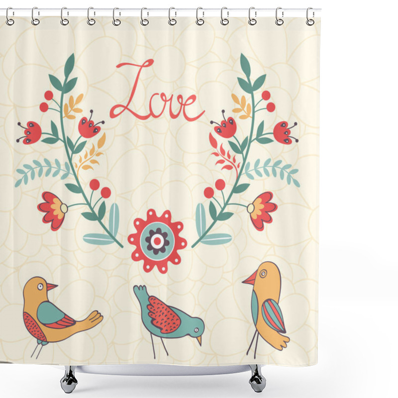 Personality  Elegant Love Card With Birds And Floral Wreath Shower Curtains