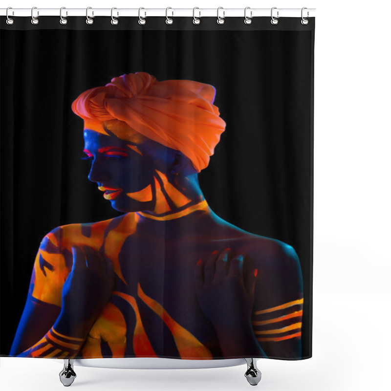 Personality  Portrait Of Topless Woman With Body Art And Turban Shower Curtains