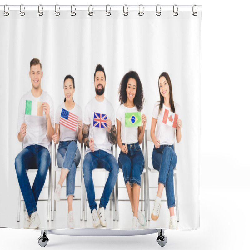 Personality  Multicultural Group Of People Sitting On Chairs With Flags Of Different Countries Isolated On White Shower Curtains