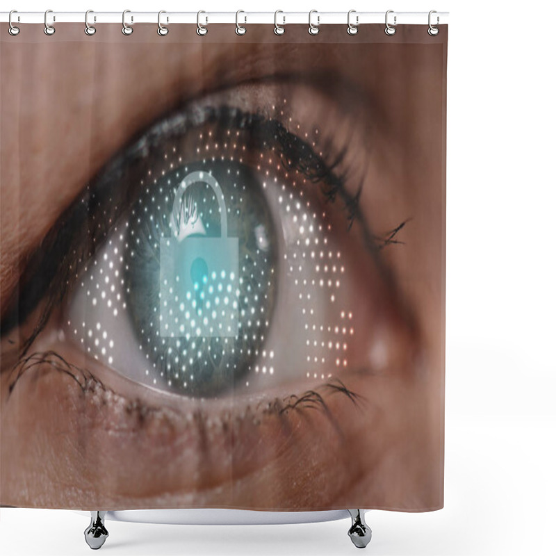 Personality  Cropped Shot Of Female Eye Looking At Camera With Cyber Security Sign  Shower Curtains