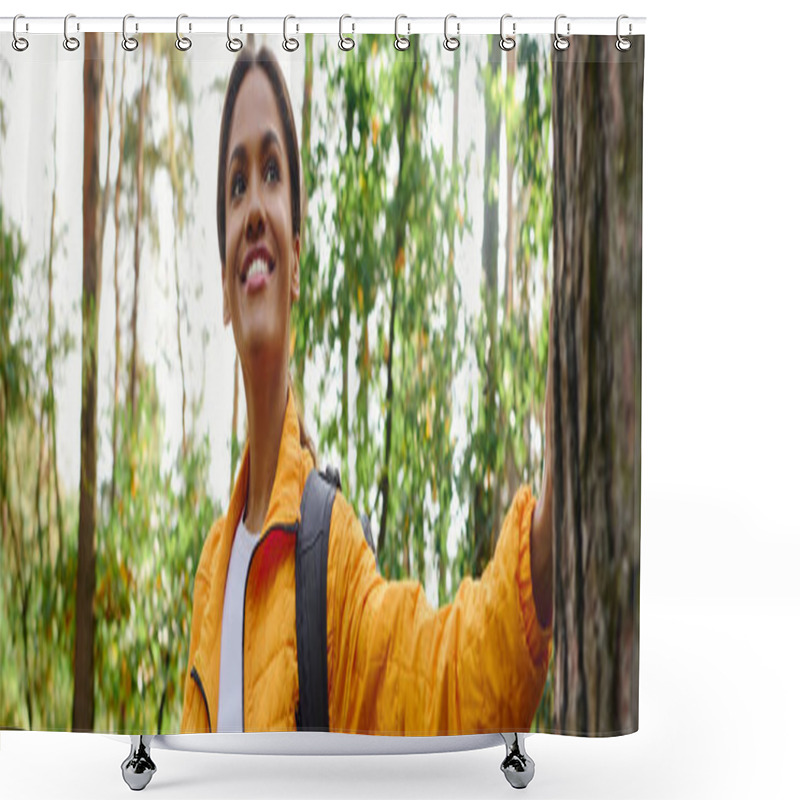 Personality  A Young Woman Embraces The Beauty Of Nature While Hiking Through A Colorful Autumn Forest. Shower Curtains