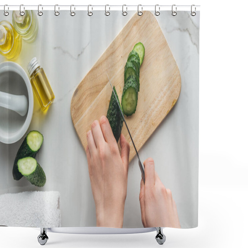 Personality  Cropped View Of Woman Cutting Cucumber On Wooden Cutting Desk, Pounder And Various Cosmetic Ingredients On White Surface Shower Curtains