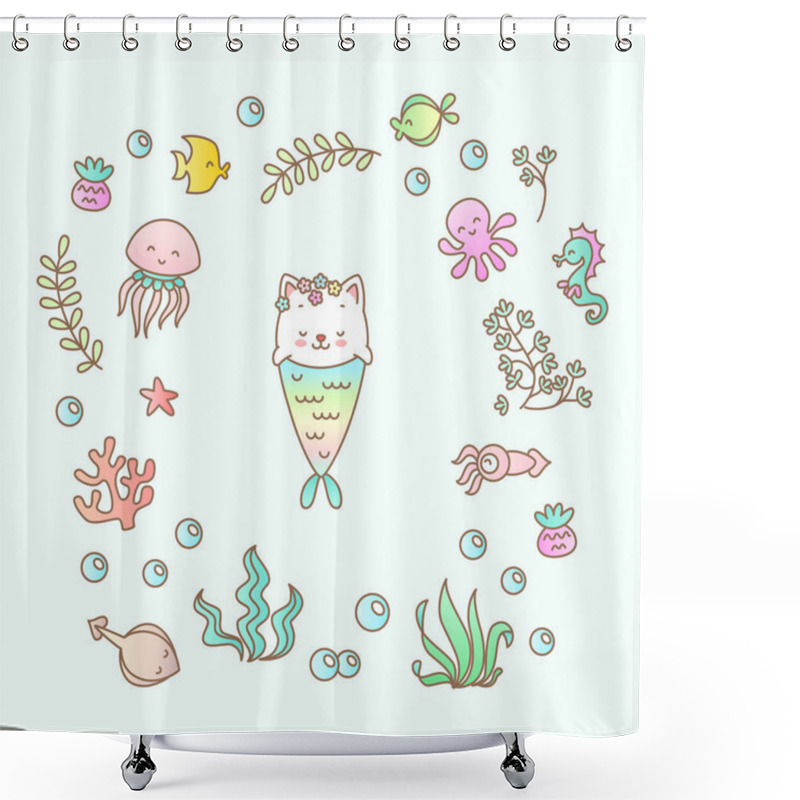 Personality  Kitten Mermaid. Kawaii Illustration Of A Little Cat Mermaid With Sea Creatures And Plants On A Light Mint Background. Vector 10 EPS. Shower Curtains