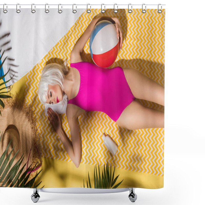 Personality  Top View Of Girl In Wig And Pink Swimsuit With Ball Lying On Yellow Towel Shower Curtains