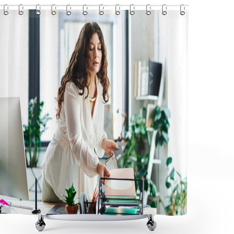 Personality  This Young Woman Is Focused On Organizing Her Workspace, Surrounded By Plants And Natural Light. Shower Curtains