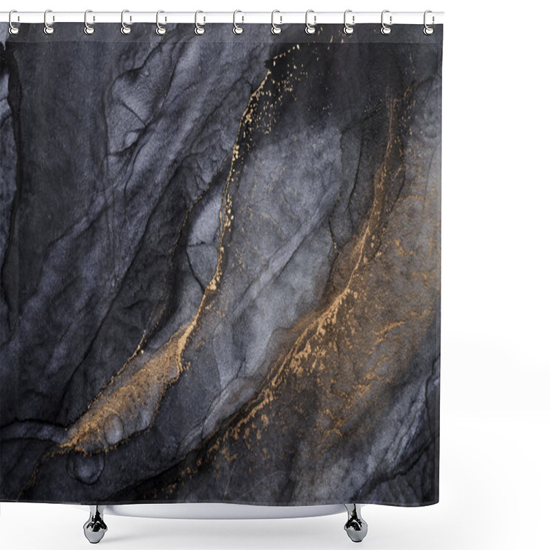 Personality  Luxury Abstract Dark Background In Alcohol Ink Technique, Black Gold Liquid Painting, Scattered Acrylic Blobs And Swirling Stains, Printed Materials Shower Curtains