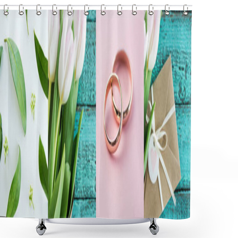 Personality  Collage Of Green Leaves, White Tulips, Golden Wedding Rings And Envelope  Shower Curtains