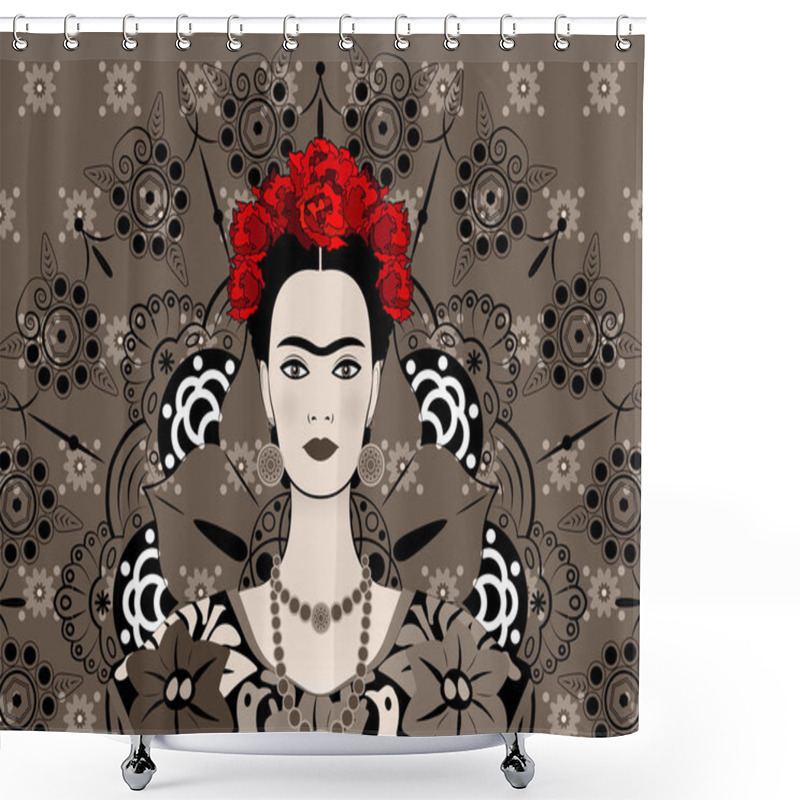 Personality  Frida Kahlo Vector Portrait , Young Beautiful Mexican Woman With A Traditional Hairstyle,  Mexican Crafts Jewelry And Dress, Vector Decorated Mandala Background  Shower Curtains