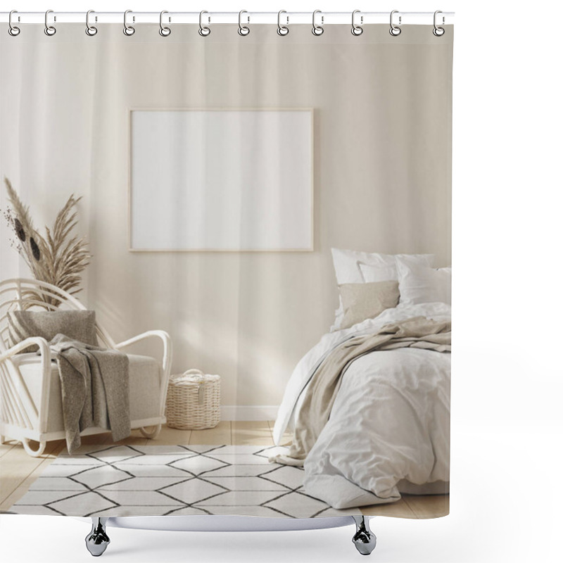 Personality  Mock Up Frame In Bedroom Interior Background, Beige Room With Natural Wooden Furniture, 3d Render Shower Curtains