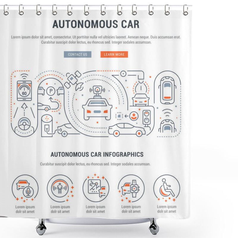 Personality  Line Banner Of Autonomous Car. Vector Illustration Of Cars With Artificial Intelligence. Shower Curtains