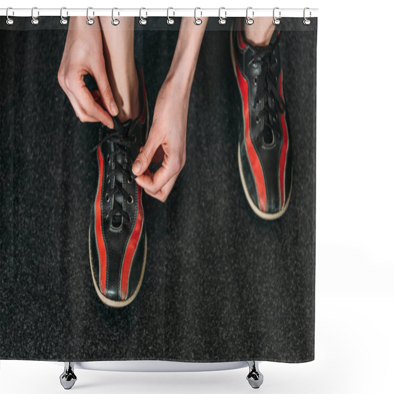 Personality  Cropped Shot Of Woman Tying Up Rental Bowling Shoes Shower Curtains