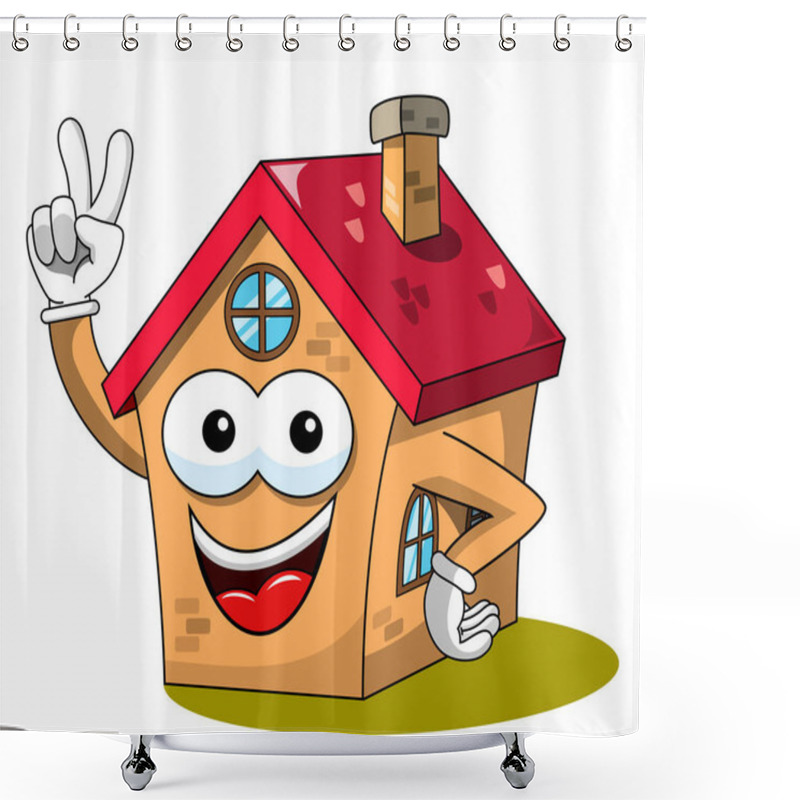 Personality  House Or Home Cartoon Funny Mascot Win Or Victory Gesture Isolated On White Shower Curtains