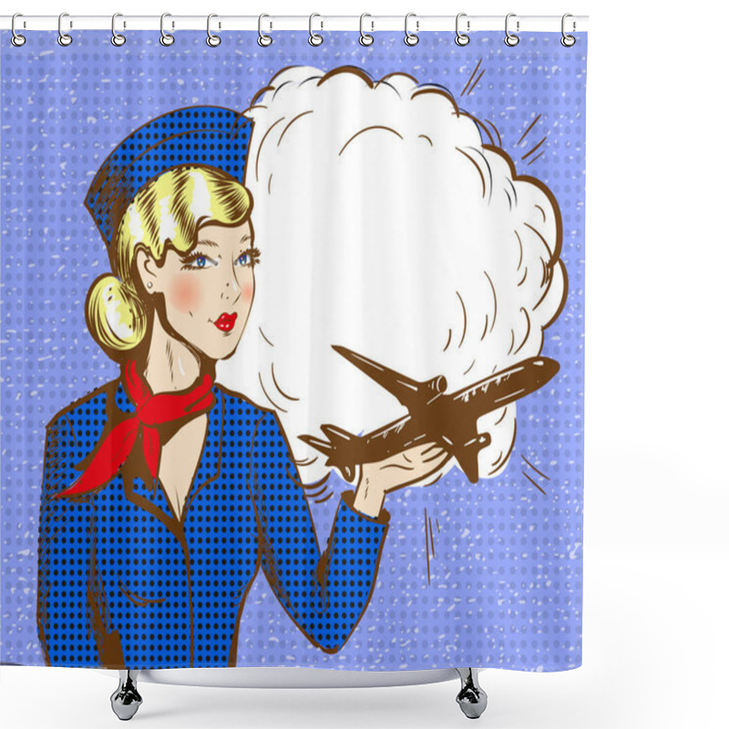 Personality  Vector Pop Art Illustration Of Stewardess With Airplane Shower Curtains