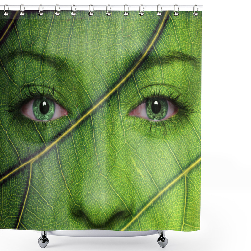 Personality  Woman Face With Leaf Texture And Green Eyes Shower Curtains