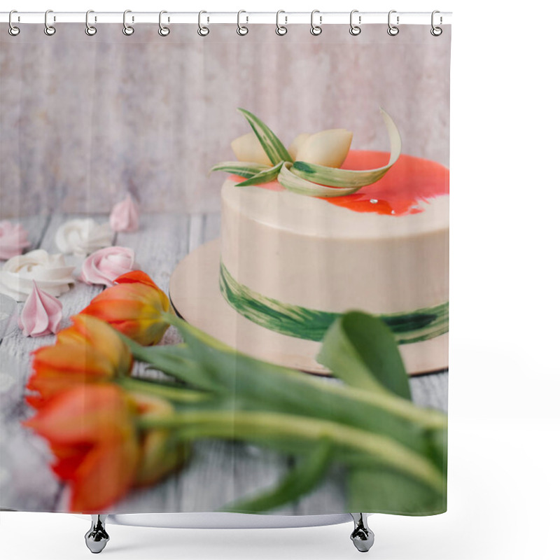 Personality  Food Composition Of White And Red Decorated Cake With Red Tulips, Meringues And Wooden Planks Background Shower Curtains