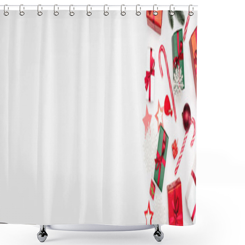 Personality  Website Header Of Gift Boxes, Decorative Snowflakes, Star-shaped Cookies And Candy Canes On White Background Shower Curtains