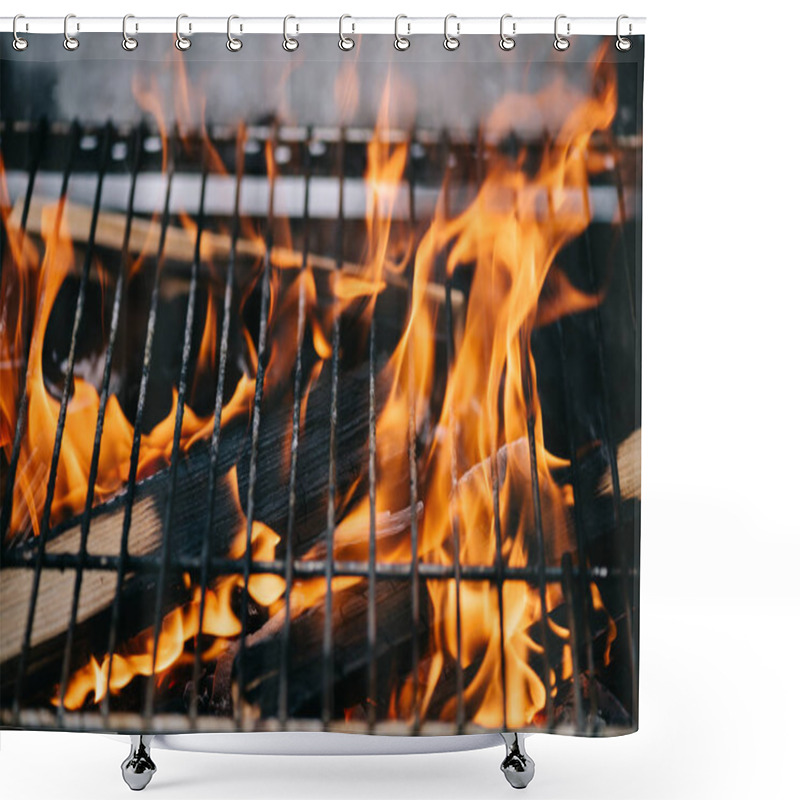 Personality  Burning Firewood With Flame Through Bbq Grill Grates Shower Curtains