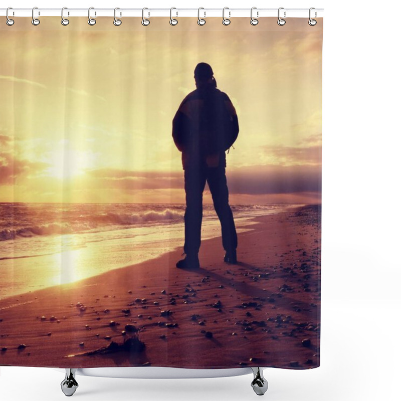 Personality  Man At Evening Sea. Hiker With Backpack With Hands In Pocket Along Beach. Shower Curtains