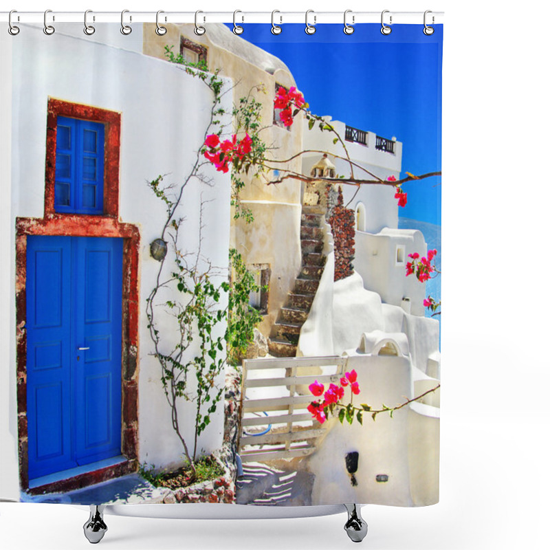 Personality  White - Blue Santorini - Traditional Architecture Shower Curtains