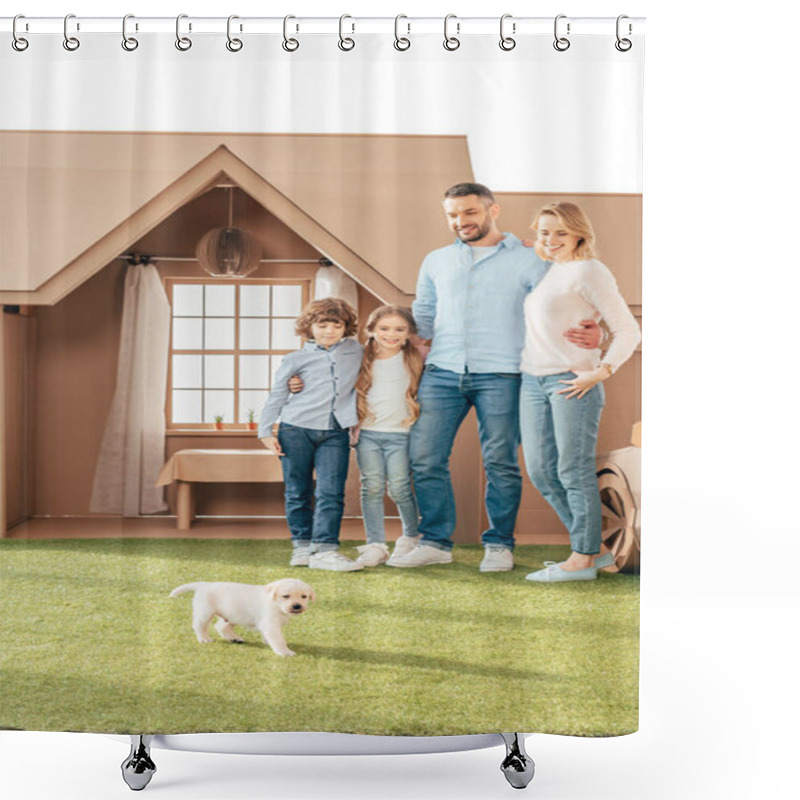 Personality  Happy Young Family With Adorable Puppy On Yard Of Cardboard House Isolated On White Shower Curtains