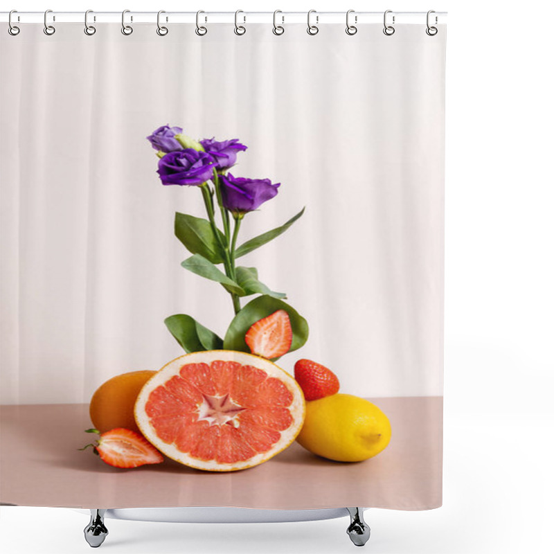 Personality  Floral And Fruit Composition With Purple Eustoma And Summer Fruits Isolated On Beige Shower Curtains