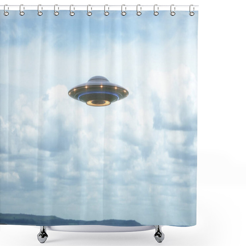 Personality  Unidentified Flying Object. UFO With Clipping Path Included. 3D Illustration In Real Picture. Shower Curtains