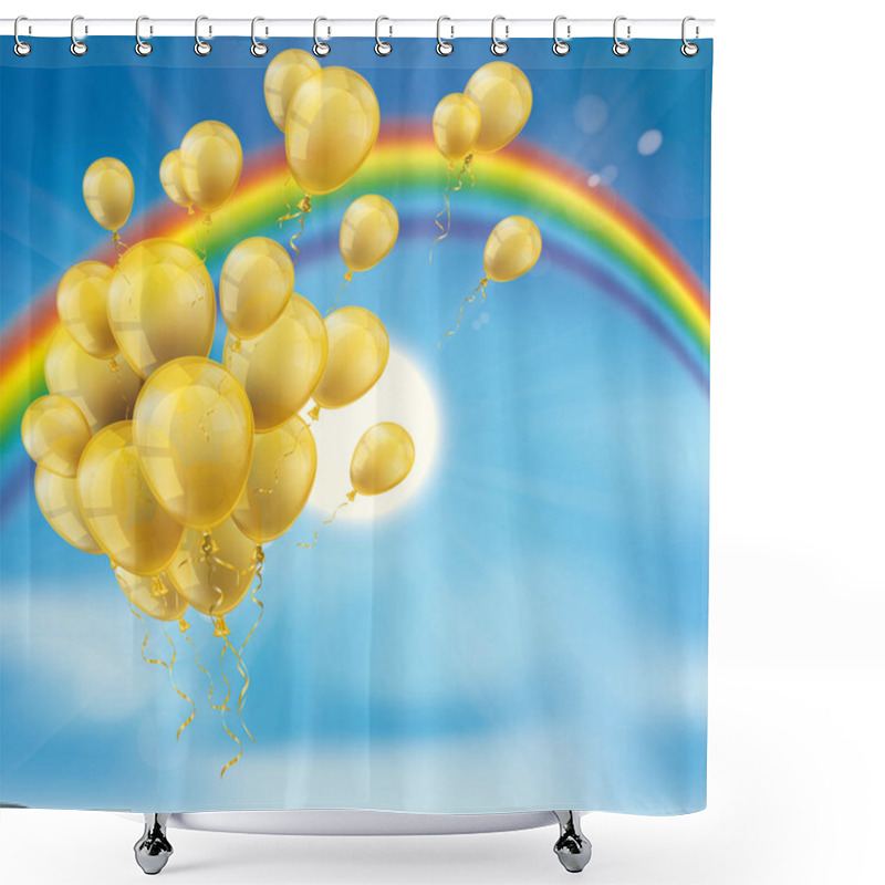 Personality  Rainbow Sky Clouds Sun Golden Balloons Bunch Shower Curtains