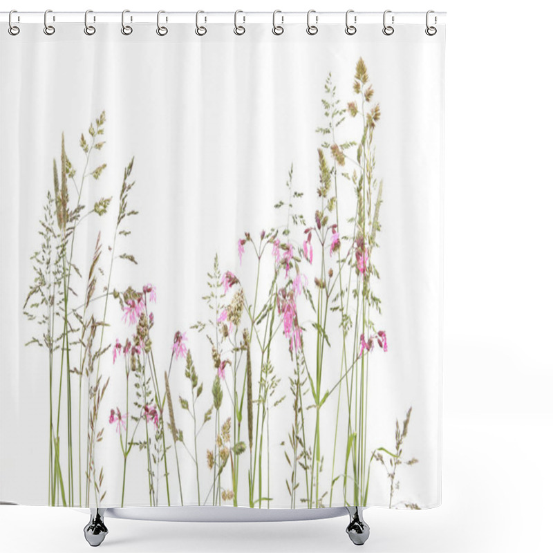 Personality  Bent Grasses And Wild Meadow Pink Cornflowers Isolated On White Background. Abstract Fresh Wild Grass Flowers, Herbs. Shower Curtains