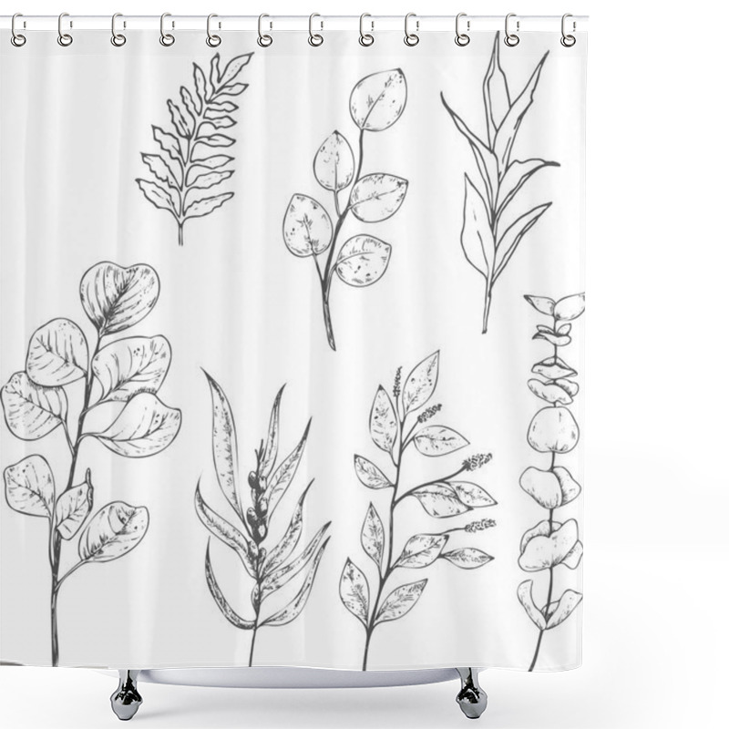 Personality  Hand Drawn Leaves Isolated On White Background. Shower Curtains