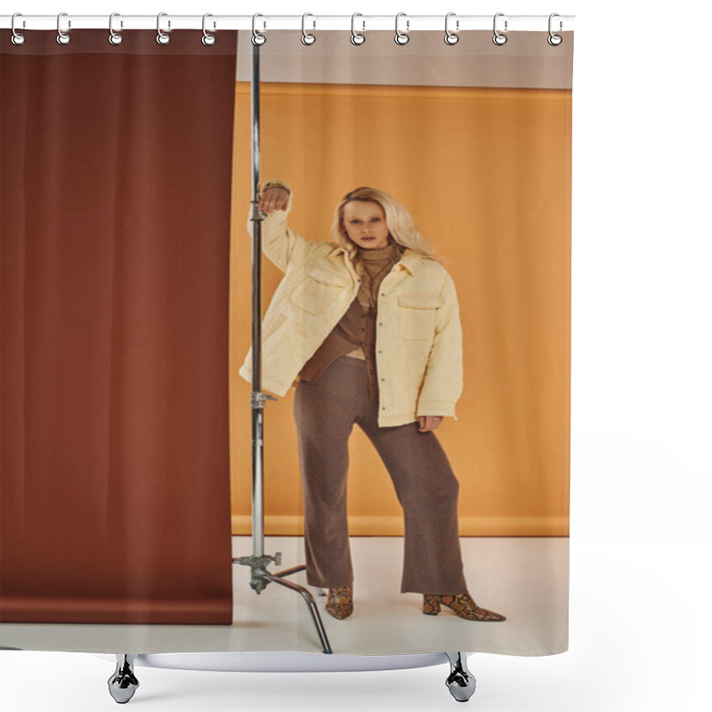 Personality  Attractive Woman In Autumn Outfit Looking At Camera And Posing On Yellow And Brown Backdrop, Pastel Shower Curtains