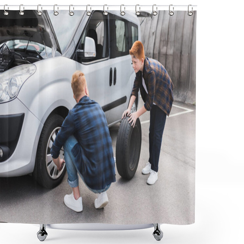 Personality  Father And Son Changing Tire In Car With Wheel Wrench On Weekend Shower Curtains