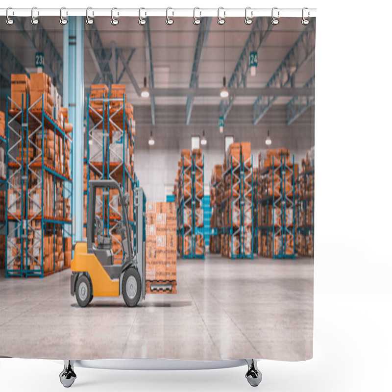 Personality  Forklift With Pallets Inside A Warehouse. 3d Render Shower Curtains