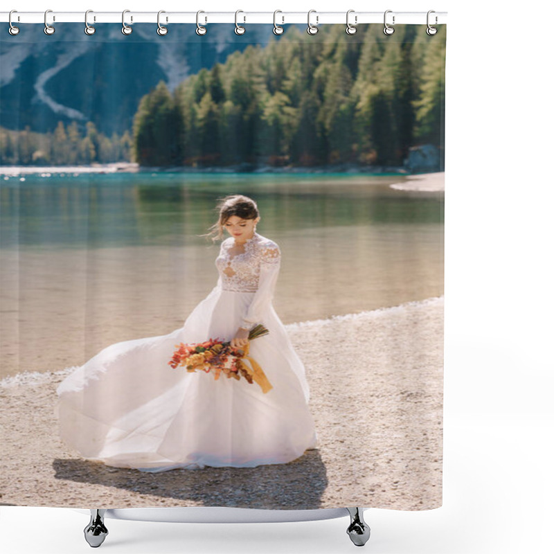 Personality  Beautiful Bride In A White Dress With Sleeves And Lace, With A Yellow Autumn Bouquet Of Dried Flowers And Peony Roses, On The Lago Di Braies In Italy. Destination Wedding In Europe, On Braies Lake. Shower Curtains