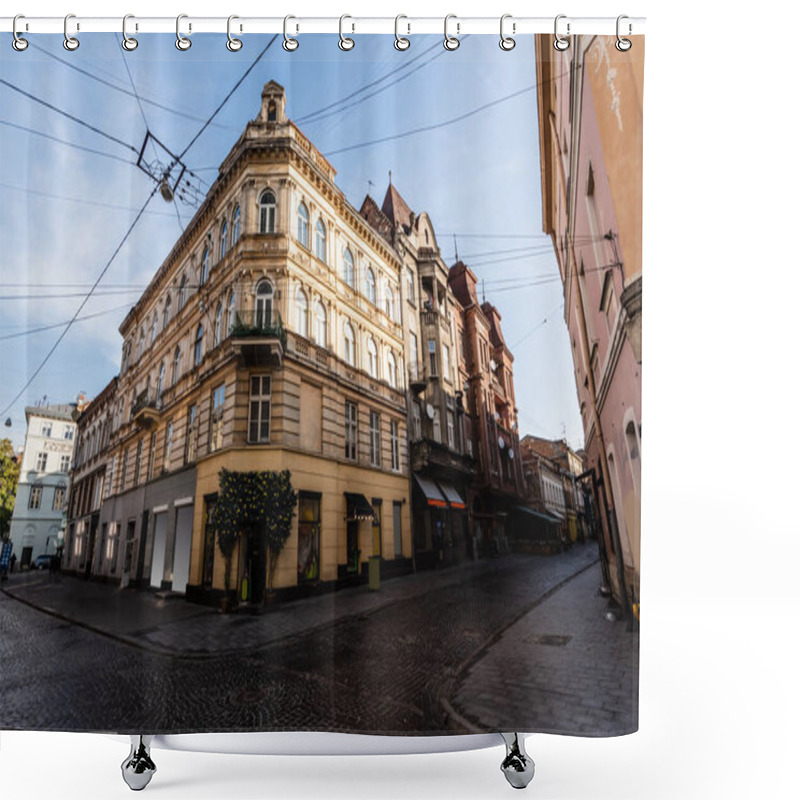 Personality  Corner Of Beautiful Old House With Entrance Decorated With Potted Lemon Trees In Lviv, Ukraine Shower Curtains