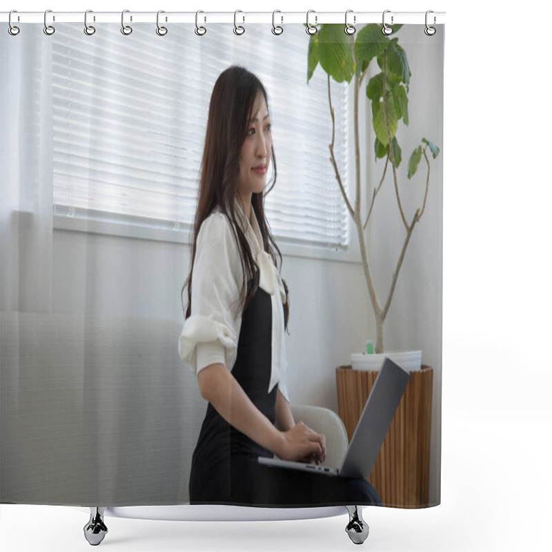 Personality  Tokyo Japan 06.19.2022. This Working Scene Is Acted By Japanese Model In The Office. High Quality Photography Shower Curtains