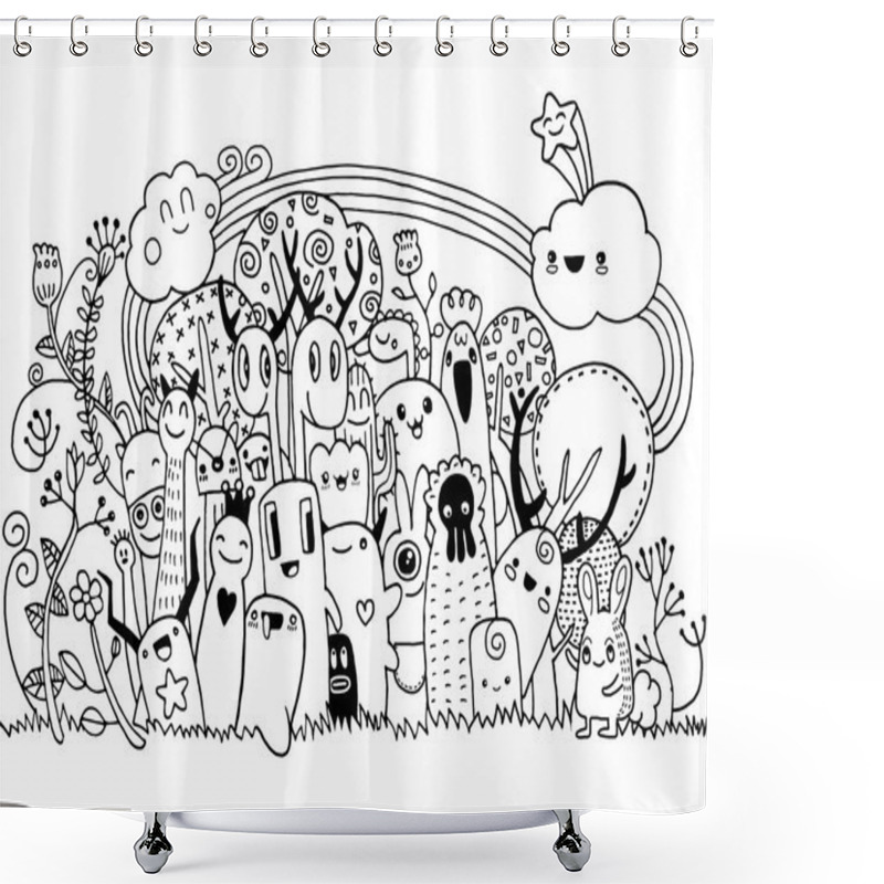 Personality  Hipster Hand Drawn Crazy Doodle Monster City,drawing Style.Vecto Shower Curtains