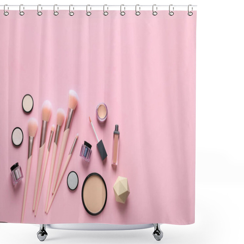 Personality  Flat Lay Composition With Makeup Brushes On Pink Background. Space For Text Shower Curtains