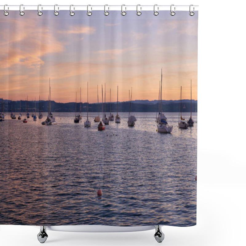 Personality  Experience The Tranquility Of A Sunset Over A Lake With A Pier Extending Into The Calm Water, Surrounded By Sailboats Gently Bobbing On The Surface. This Serene Waterfront Scene Captures The Beauty Of Shower Curtains