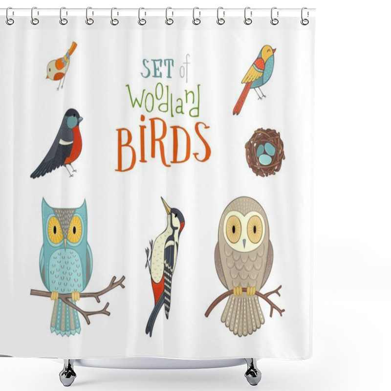 Personality  Set Of Woodland Birds In Cartoon Style. Shower Curtains