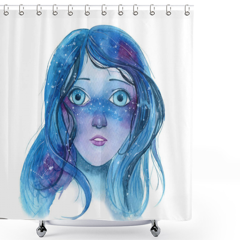 Personality  Watercolor Illustration Of A Young Attractive Woman With Blue Hair, Looking On The Stars Shower Curtains