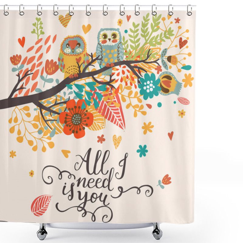 Personality  Cartoon Romantic Card With Owls Shower Curtains