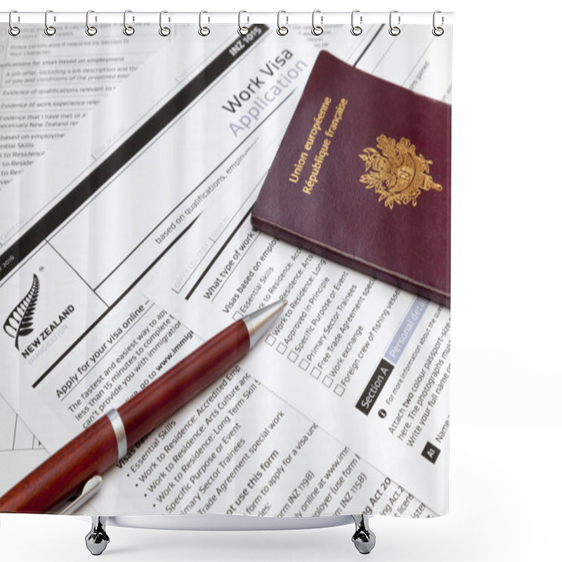 Personality  A Ballpoint Pen And A French Passport On The Top Of An Work Visa Application Form To New Zealand. Shower Curtains