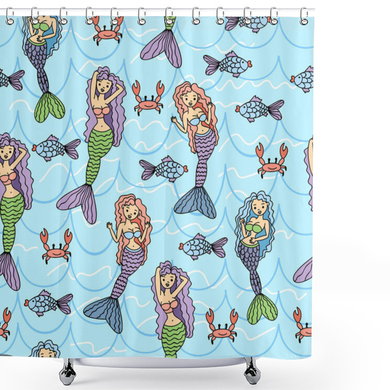 Personality  Cute Vector Background With Marine Inhabitants. Seamless Pattern With Sea Life And Fish, Mermaid, Crab.  Shower Curtains