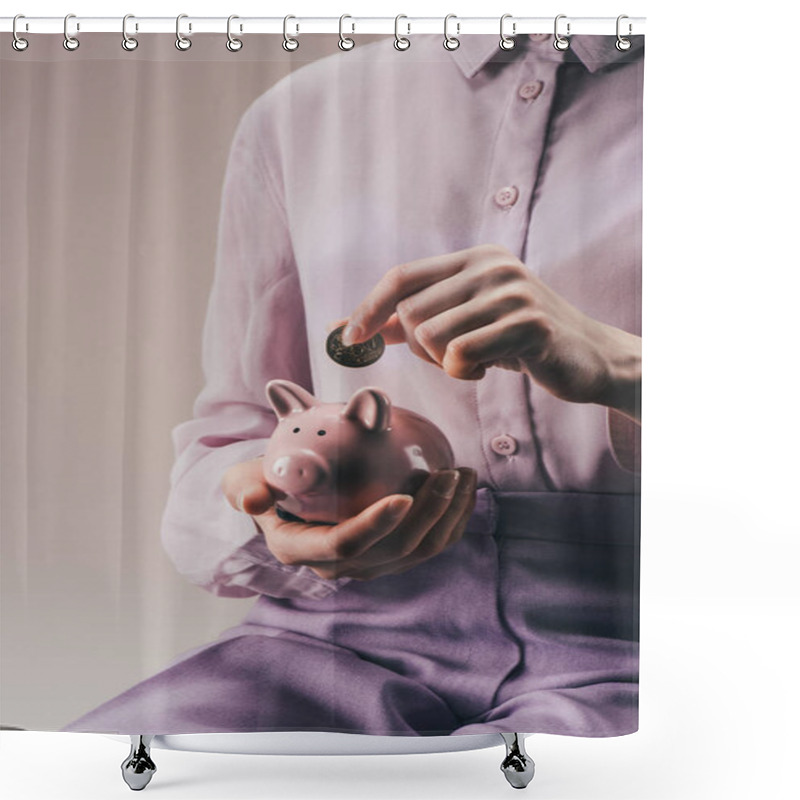 Personality  Cropped Shot Of Woman Putting 50 Euro Cent Into Pink Piggy Bank In Hand Isolated On Lilac Shower Curtains