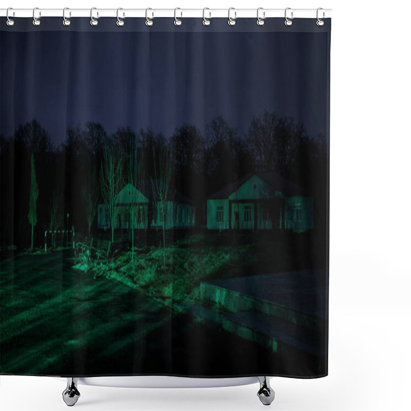 Personality  Old House With A Ghost In The Forest At Night Or Abandoned Haunted Horror House In Fog. Old Mystic Building In Dead Tree Forest. Creepy House In The Middle Of A Dark Forest. Surreal Lights Shower Curtains