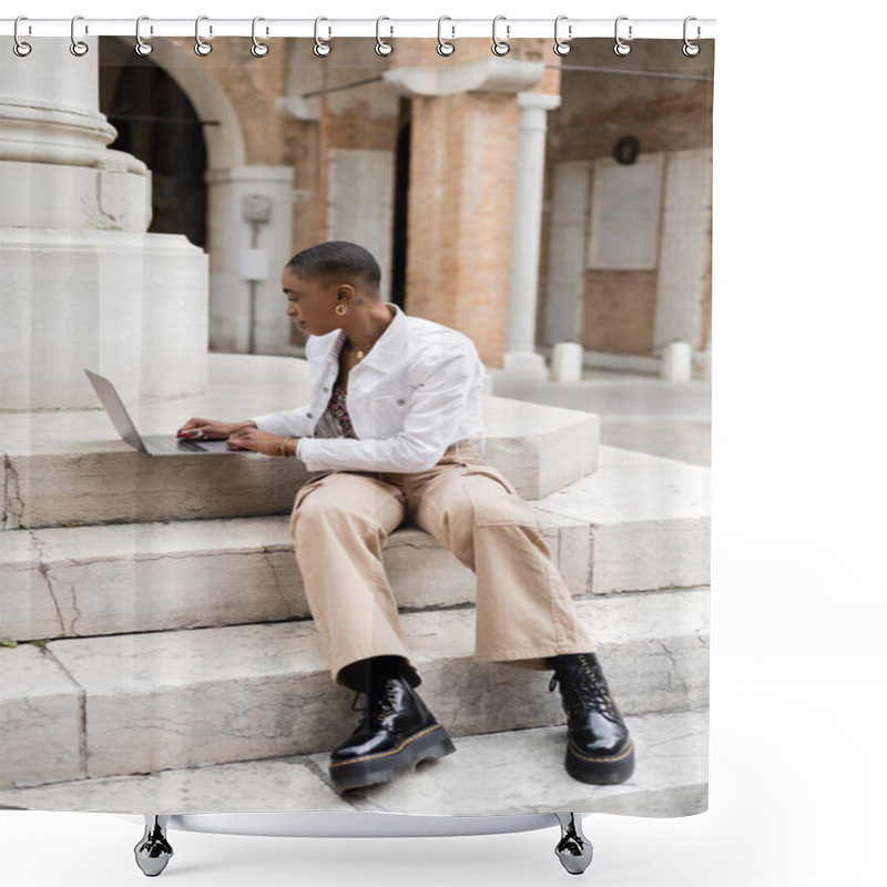 Personality  Side View Of Short Haired African American Freelancer Using Laptop On Urban Street In Italy Shower Curtains