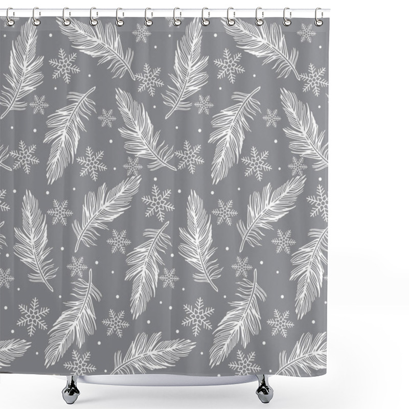 Personality  Seamless Christmas White Feather With Snowflakes On Gray BackgroundFor Paper Gift Wrap, Wallpaper And Fabric Print Shower Curtains